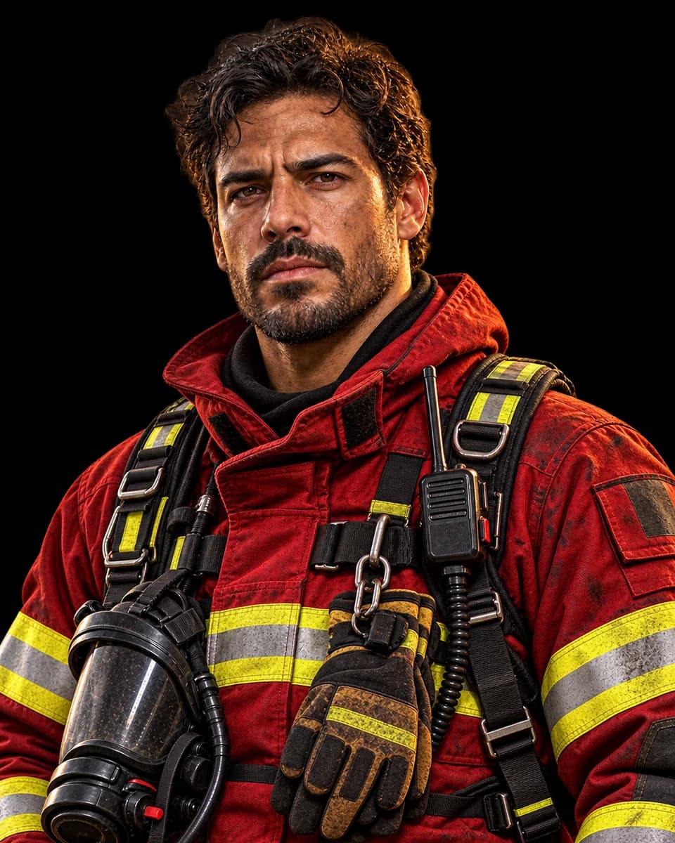 Caio Nogueira, de uniforme de bombeiro.