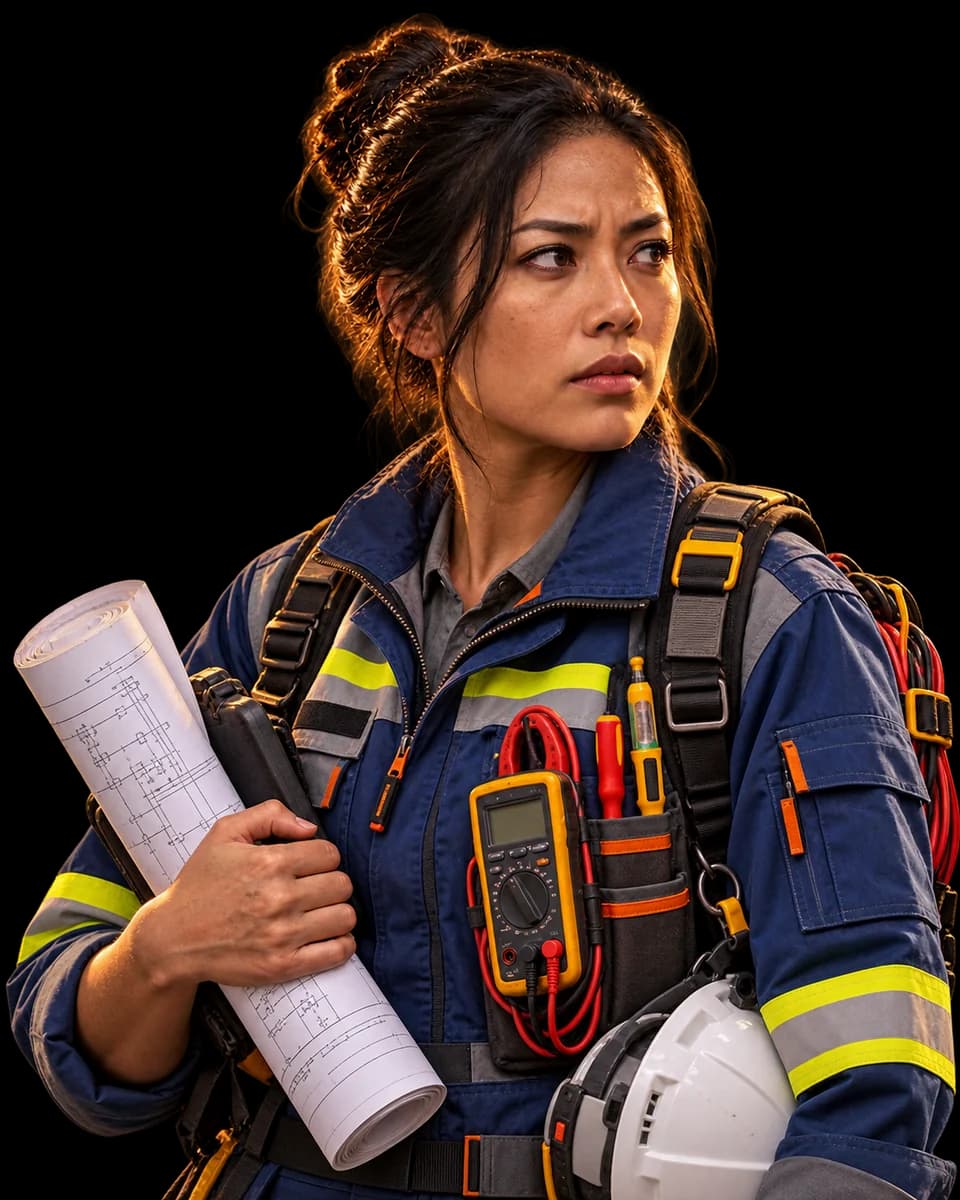 Camila Duarte, de uniforme de eletricista, com um projeto.