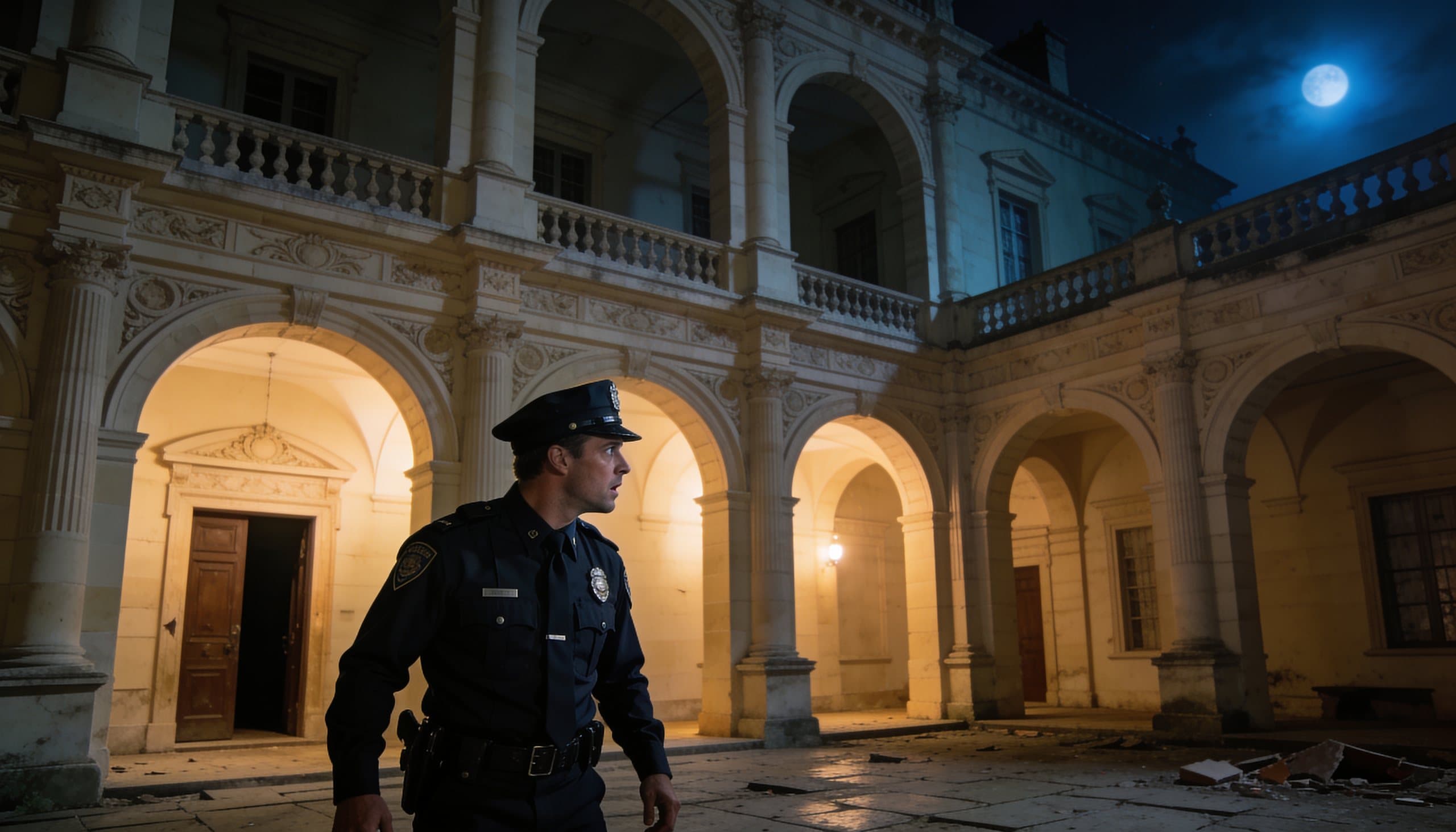 O pátio interno da mansão: dois andares de arcadas de pedra sob a lua.