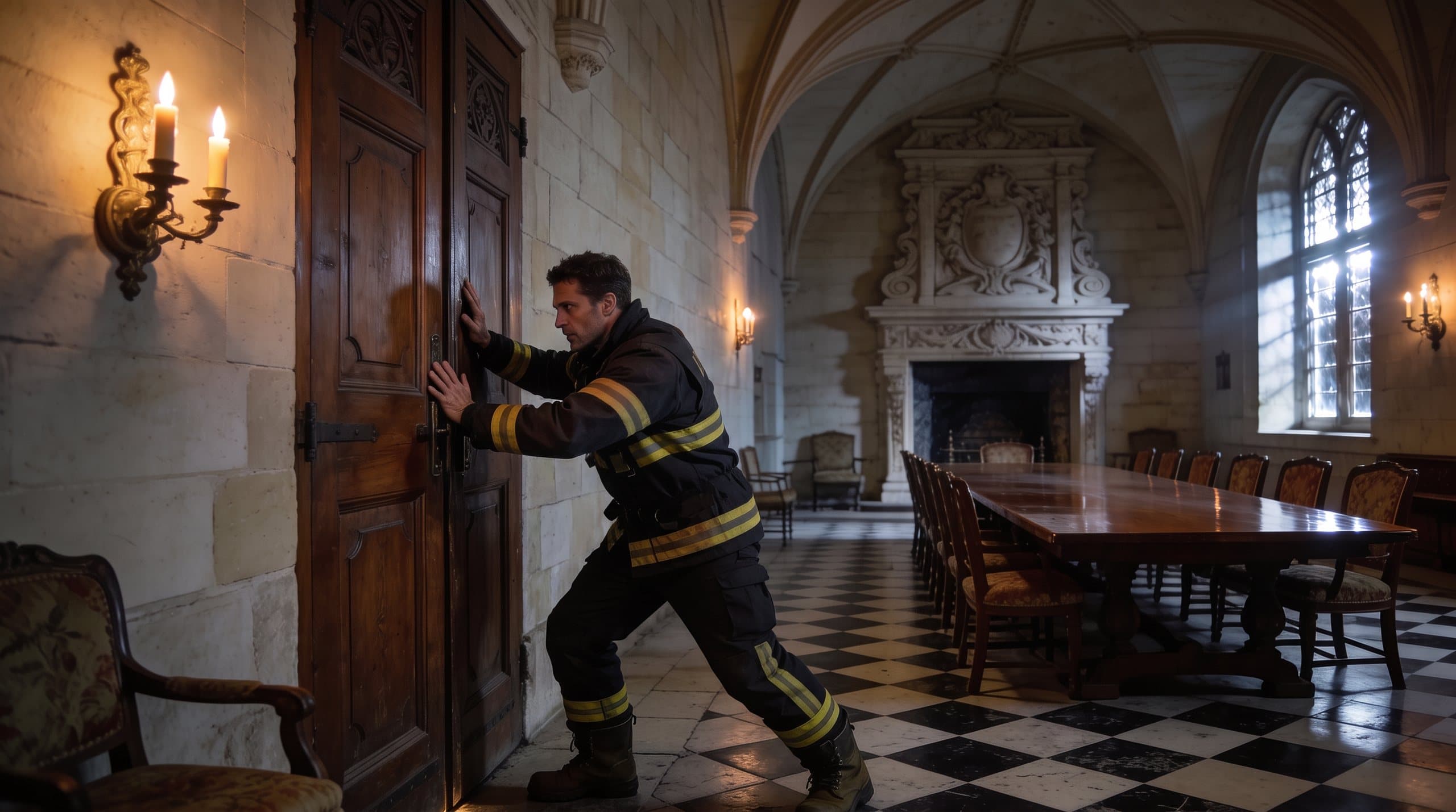 No salão de jantar, à luz de velas, alguém segura a porta fechada com o corpo.